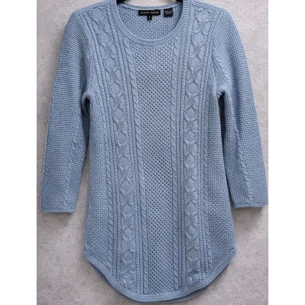 Cable Knit Tunic Sweater Blue Jeanne Pierre Cottagecore Curved Hem Womens Small